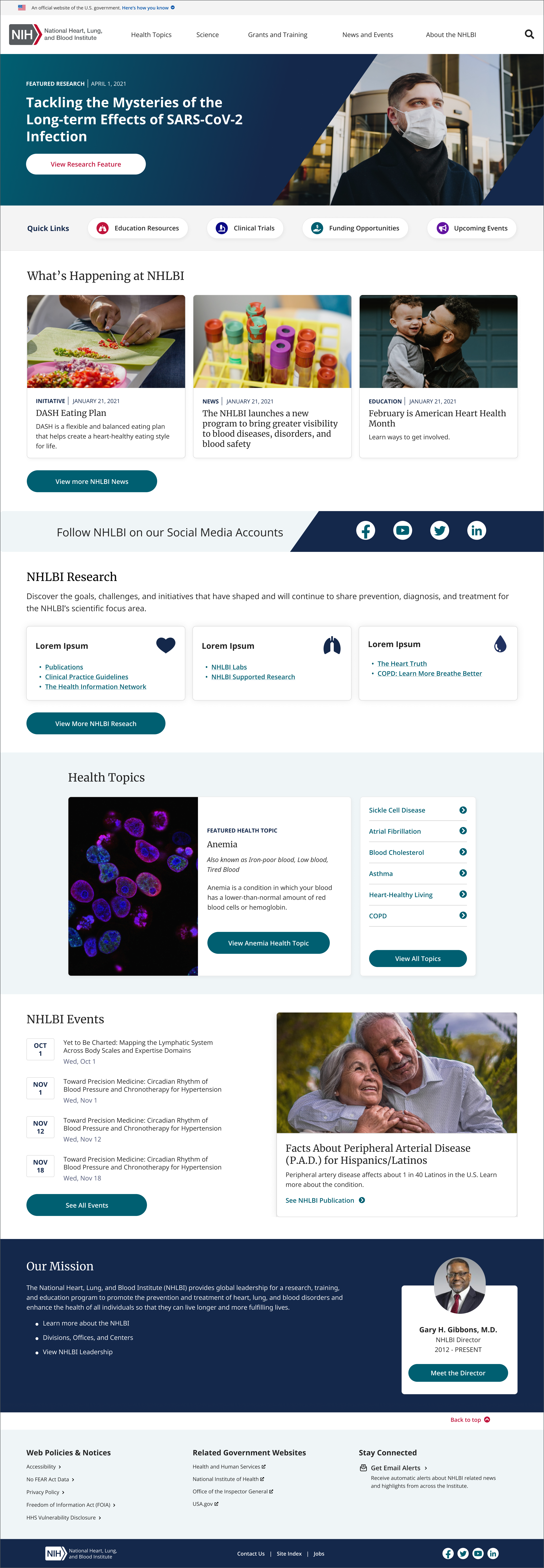 Redesigned NHLBI homepage showing improved hierarchy, modular sections, and clearer wayfinding.