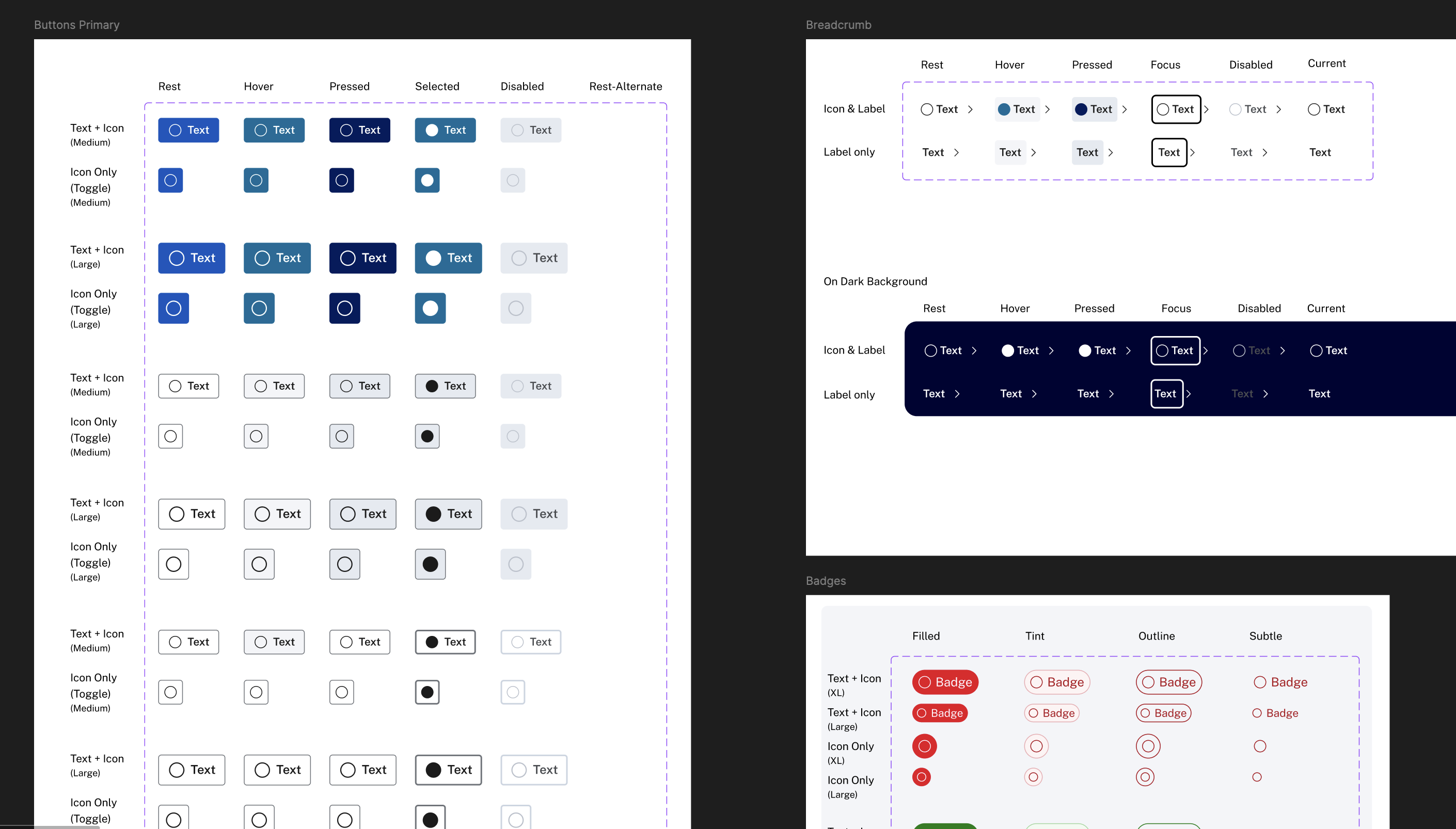 Button, breadcrumb, and badge component states showing hover, pressed, disabled, and dark theme variants.