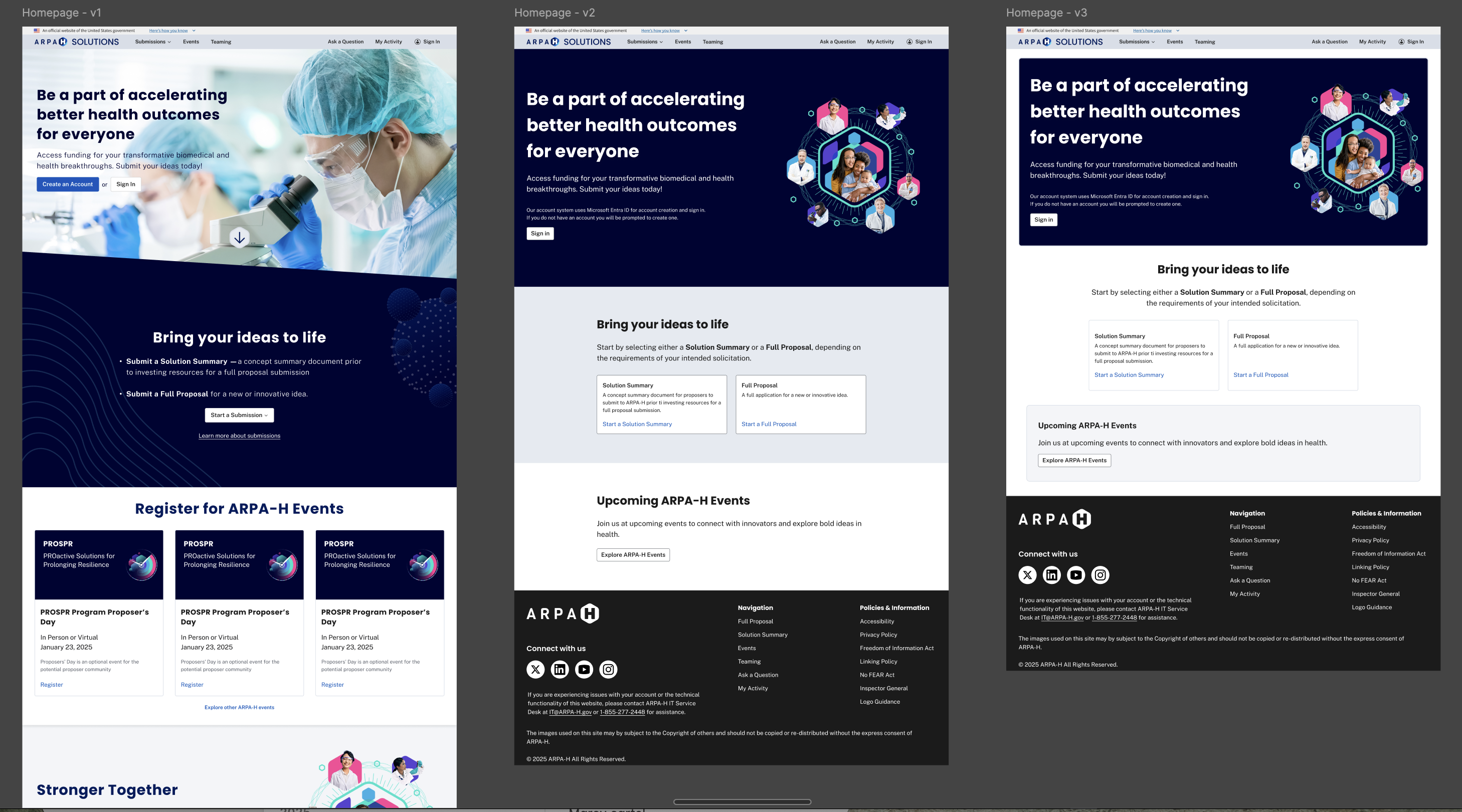 Homepage design iterations showing layout evolution and improved hierarchy.