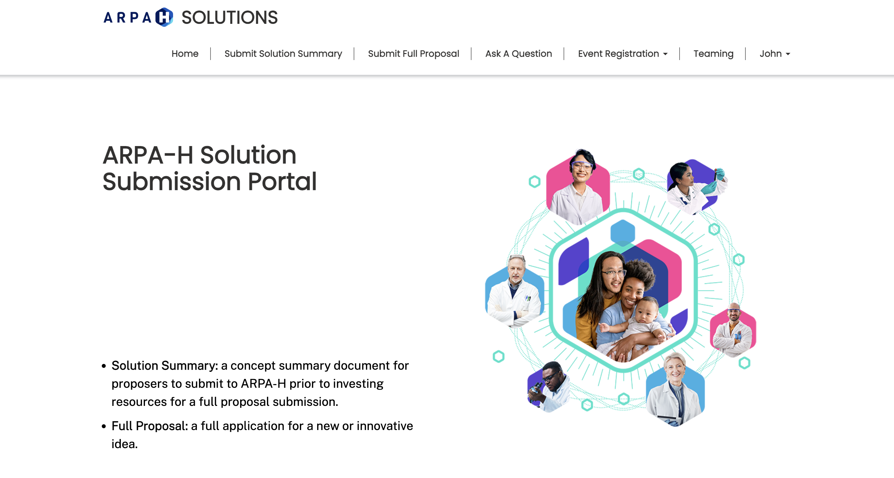Legacy ARPA-H Solutions homepage showing event cards and navigation structure.