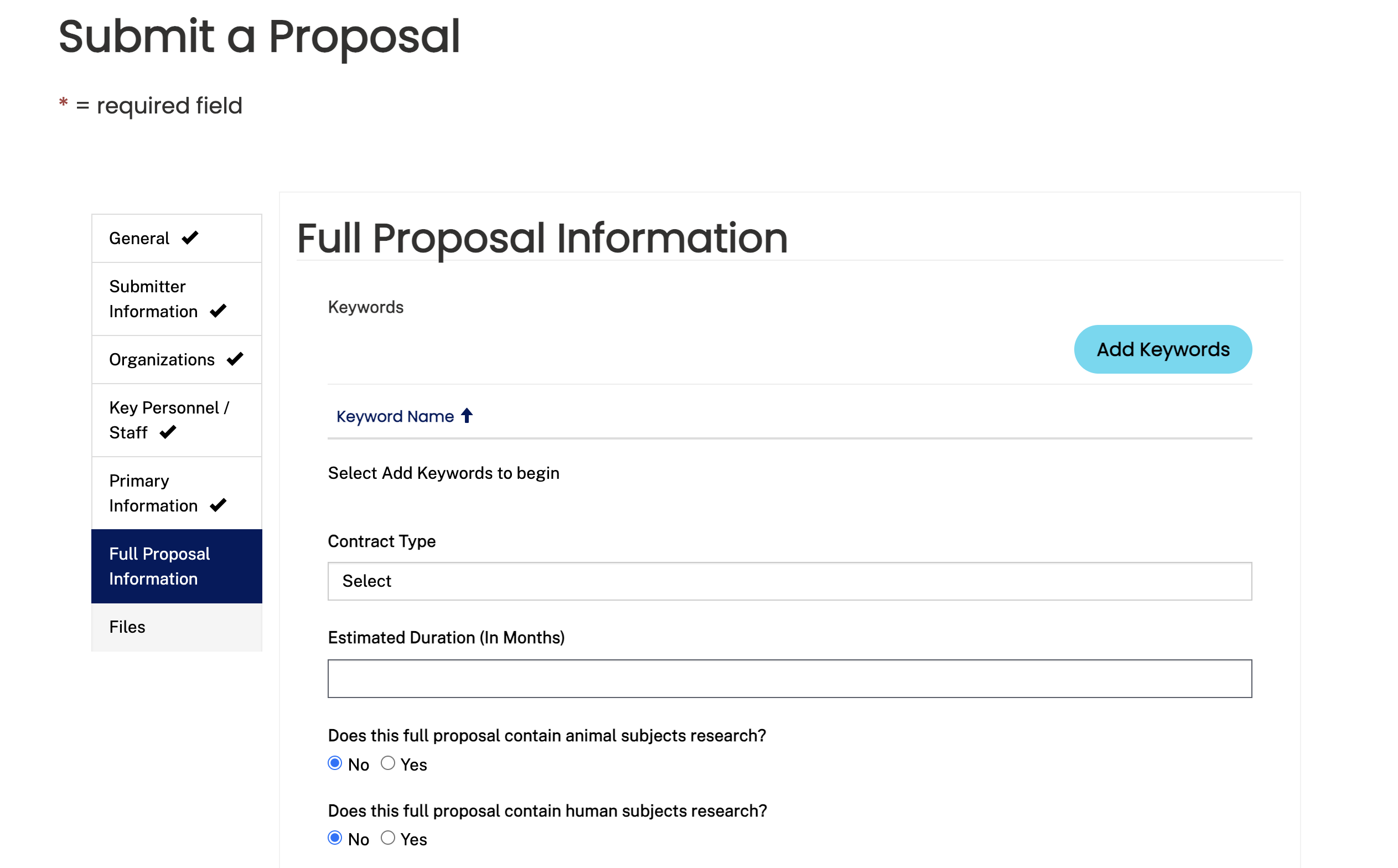 Legacy full proposal submission form with side navigation and structured sections.